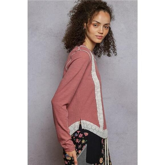 POL Contrast Round Neck Long Sleeve Ribbed Top with Eyelet Patch - Picture 3 of 5